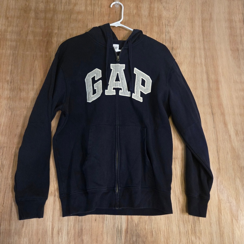 Gap Logo Full Zip Hoodie Men's Medium Navy Blue Gray Spellout Sweatshirt